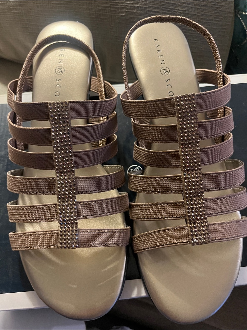 Karen Scott Mocha Estevee Strappy Rhinestone Slide Mules NIB - Picture 2 of 6